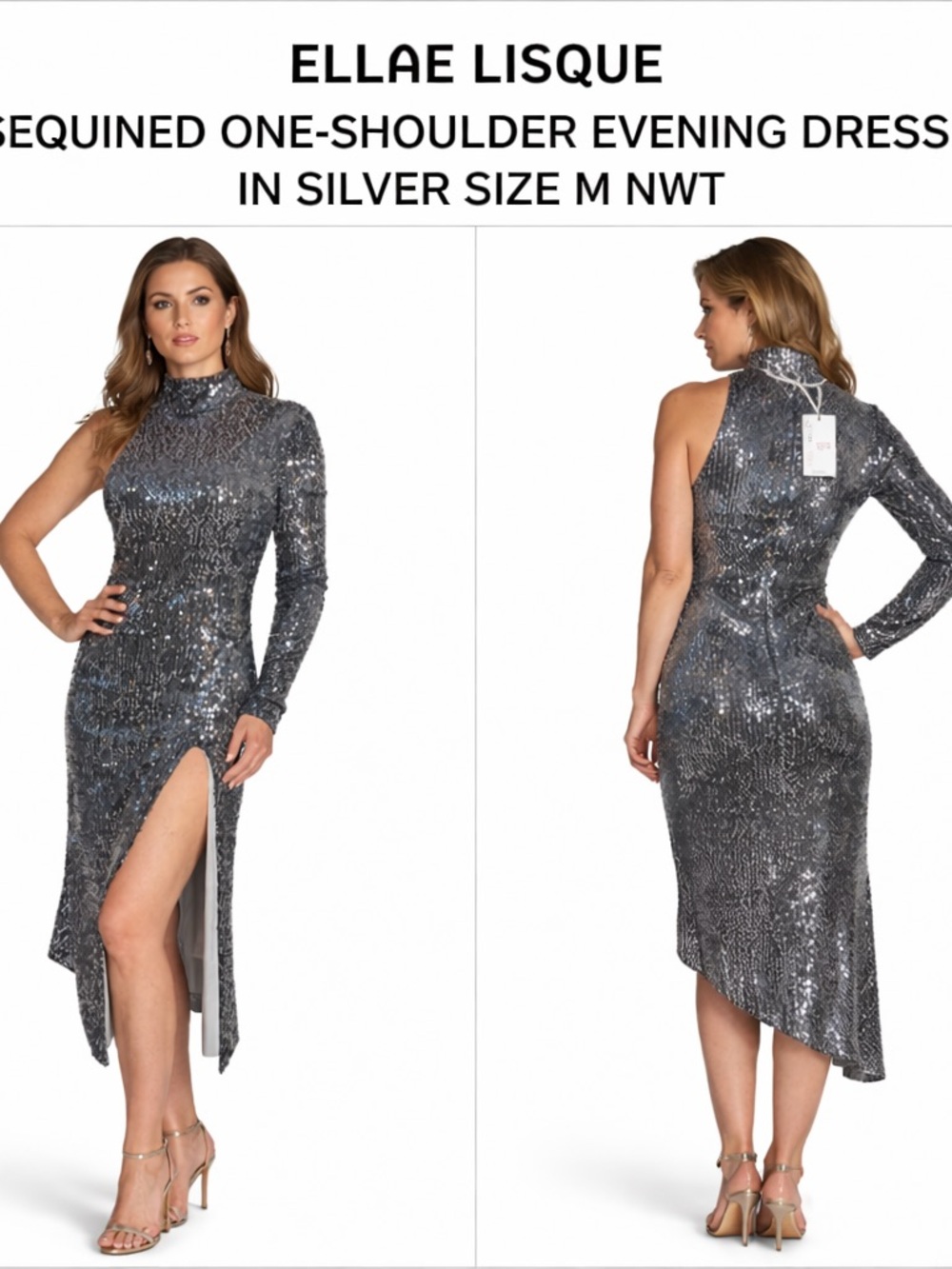 ELLAE LISQUE SILVER SEQUIN ONE SHOULDER M NWT
